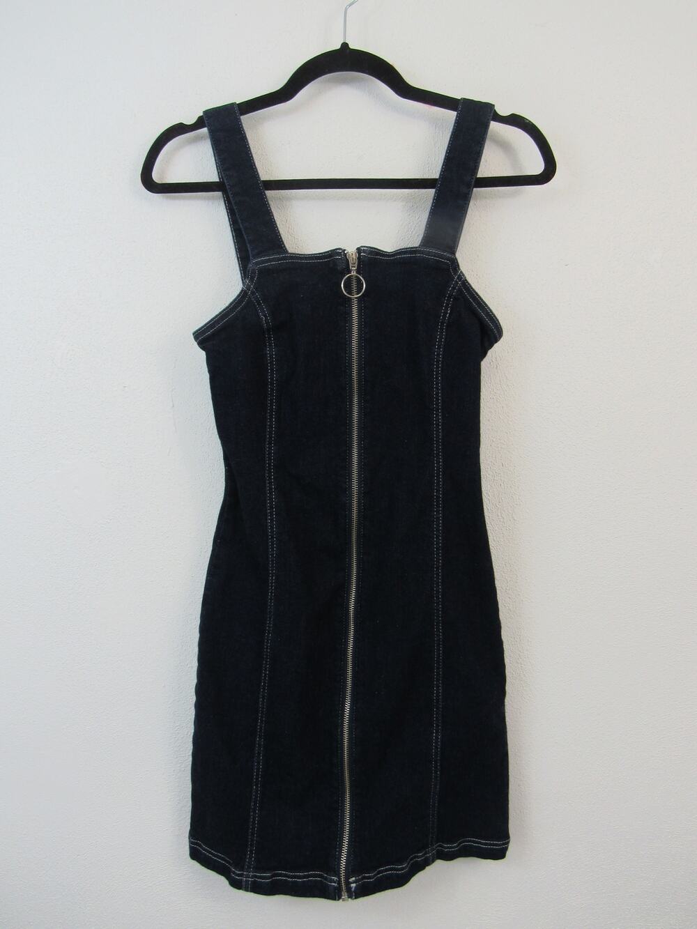 Topshop US 4 Stretch Denim Zip Dress Washed Black Y2K Mini Dress Tank